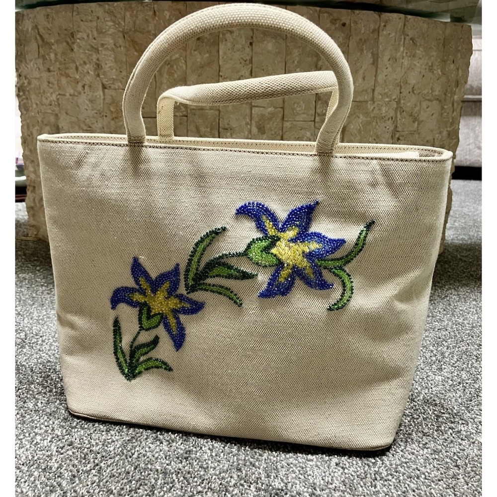 Siso Italy Beige Vtg Canvas Beaded‎ Small/Medium Tote Bag Handbag